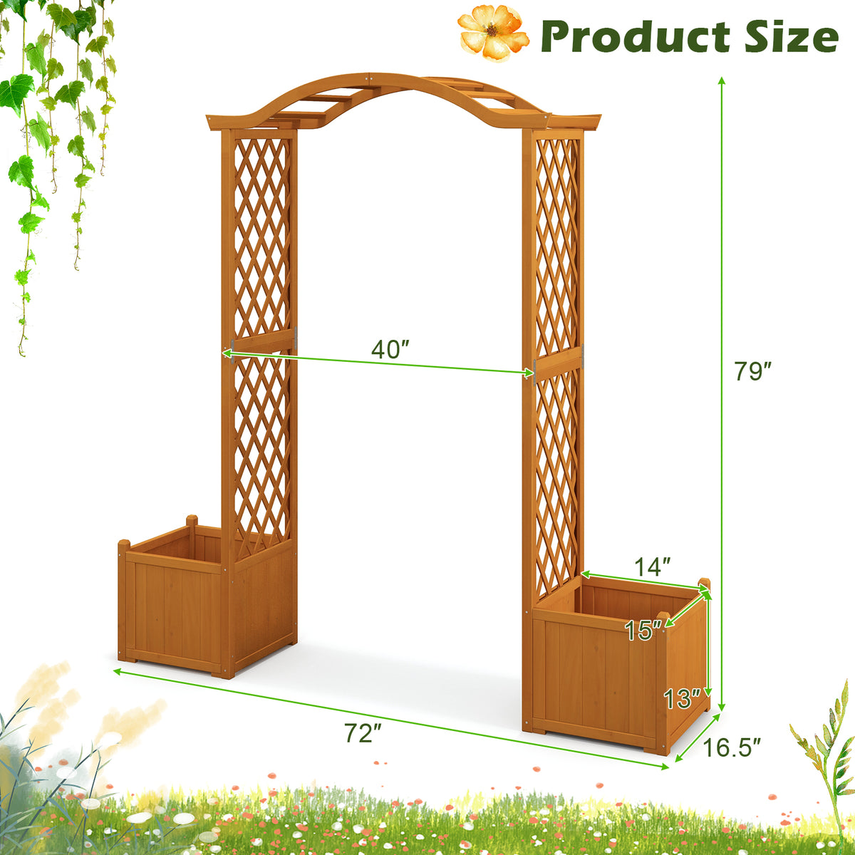 Wooden Garden Arbor with Planter Boxes, White Trellis Archway for Climbing Plants & Decorations