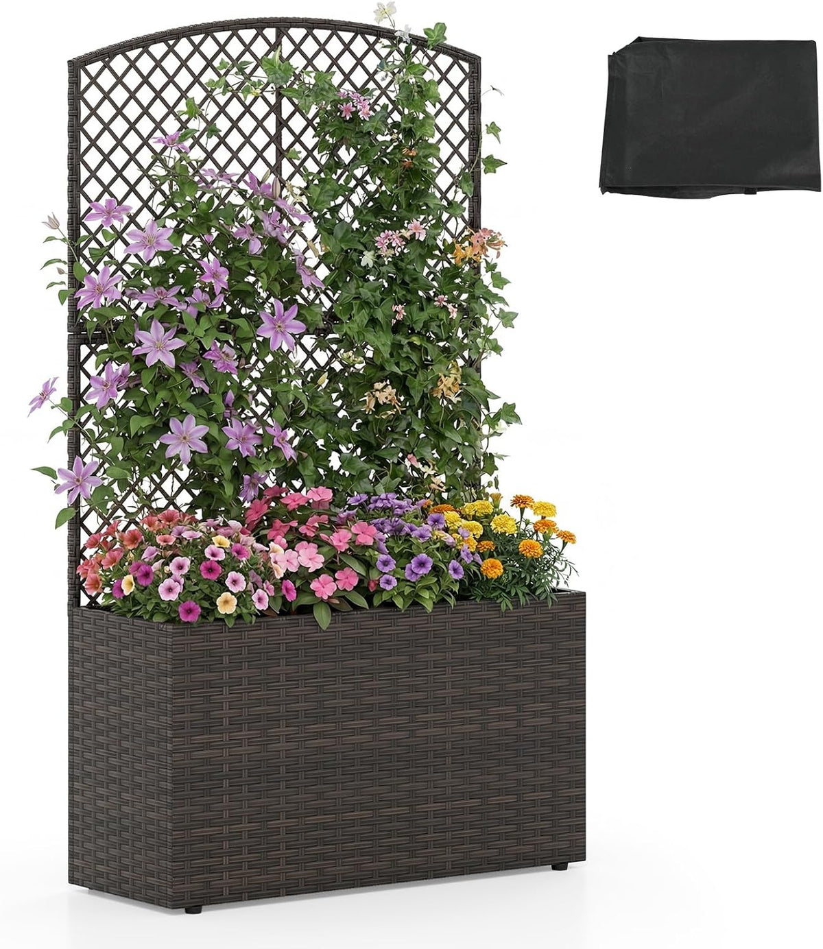 Lucktree 49 inch Tall PE Rattan Raised Garden Bed with Trellis