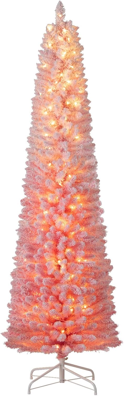 Lucktree 6ft / 7ft Pink Slim Pencil Christmas Tree | Pre-lit Snow Flocked Artificial Skinny Xmas Tree