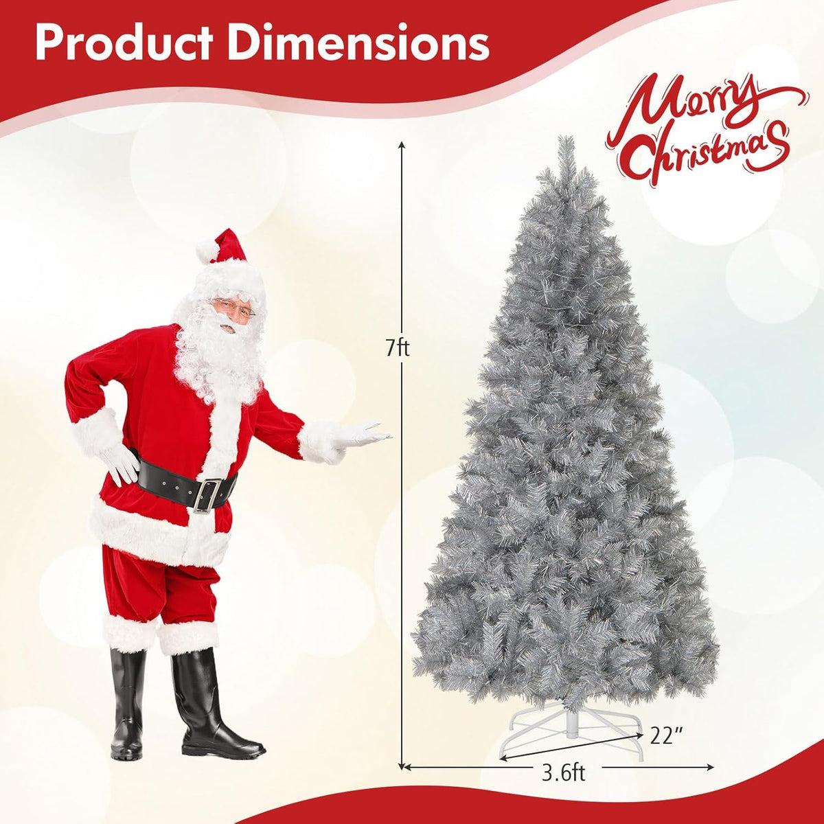 Lucktree 5ft / 6ft / 7 ft Pre-Lit Silver Tinsel Christmas Tree with Warm White LED Lights