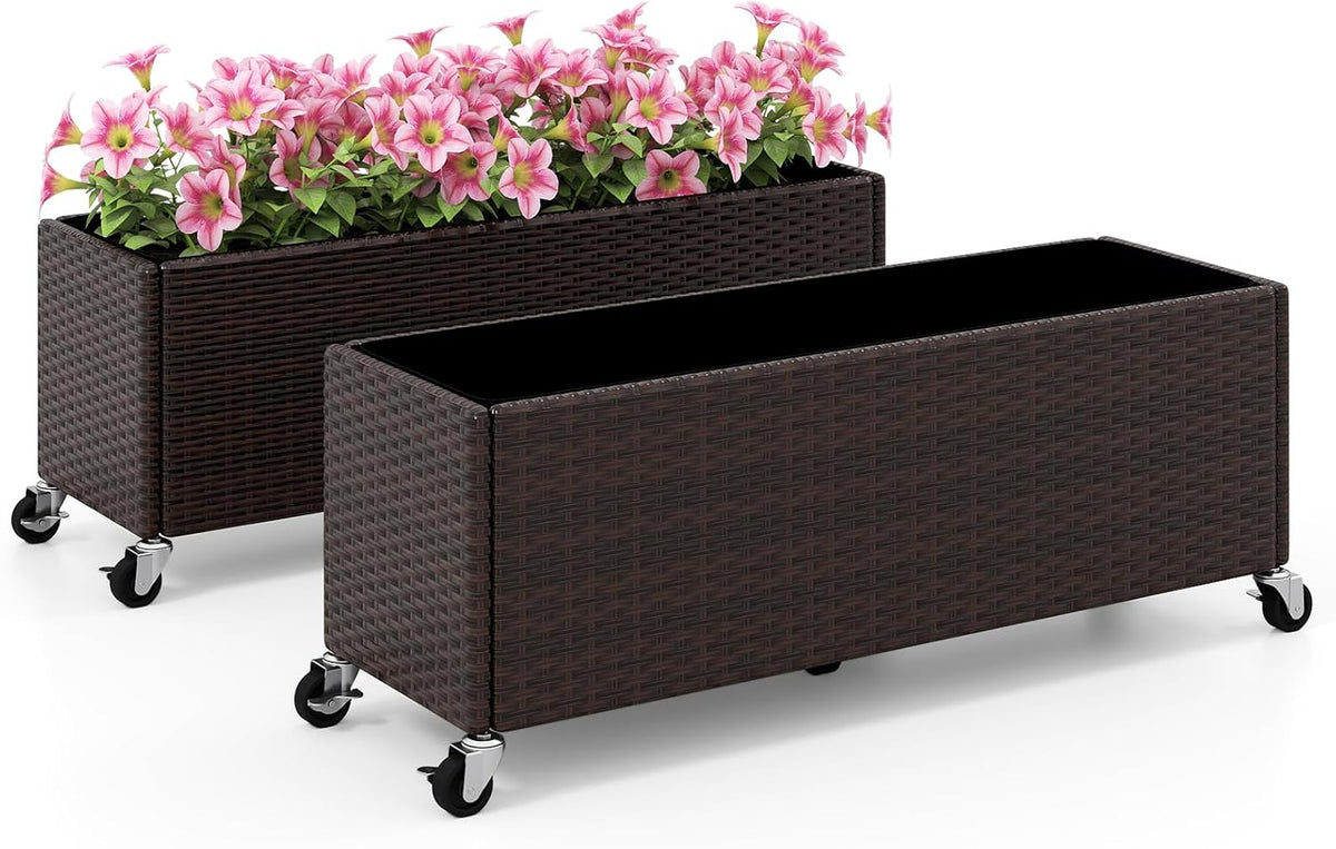 Lucktree 38”x12”x14" Wicker Raised Garden Bed with Wheels