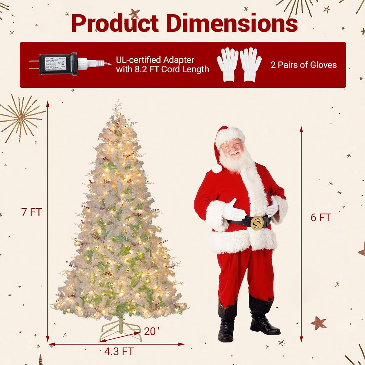 Lucktree 6FT / 7FT Hinged Lighted Xmas Tree with Snow Flocked Branch Tips & LED Lights