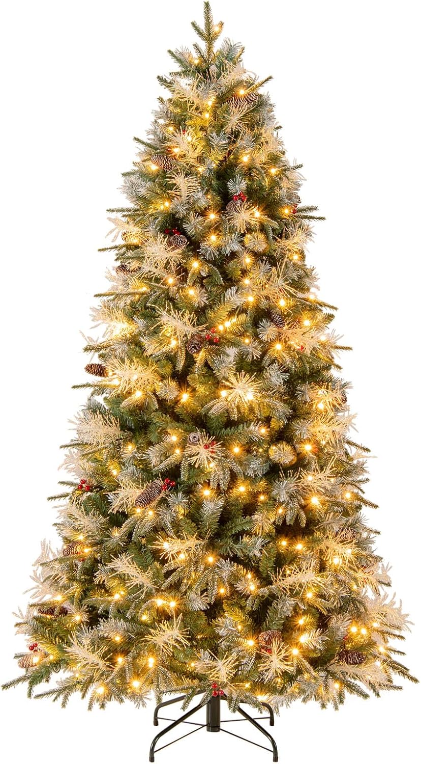 Lucktree 5FT / 6FT / 7FT Pre-Lit Artificial Christmas Tree with LED Lights Pine Cones Berries