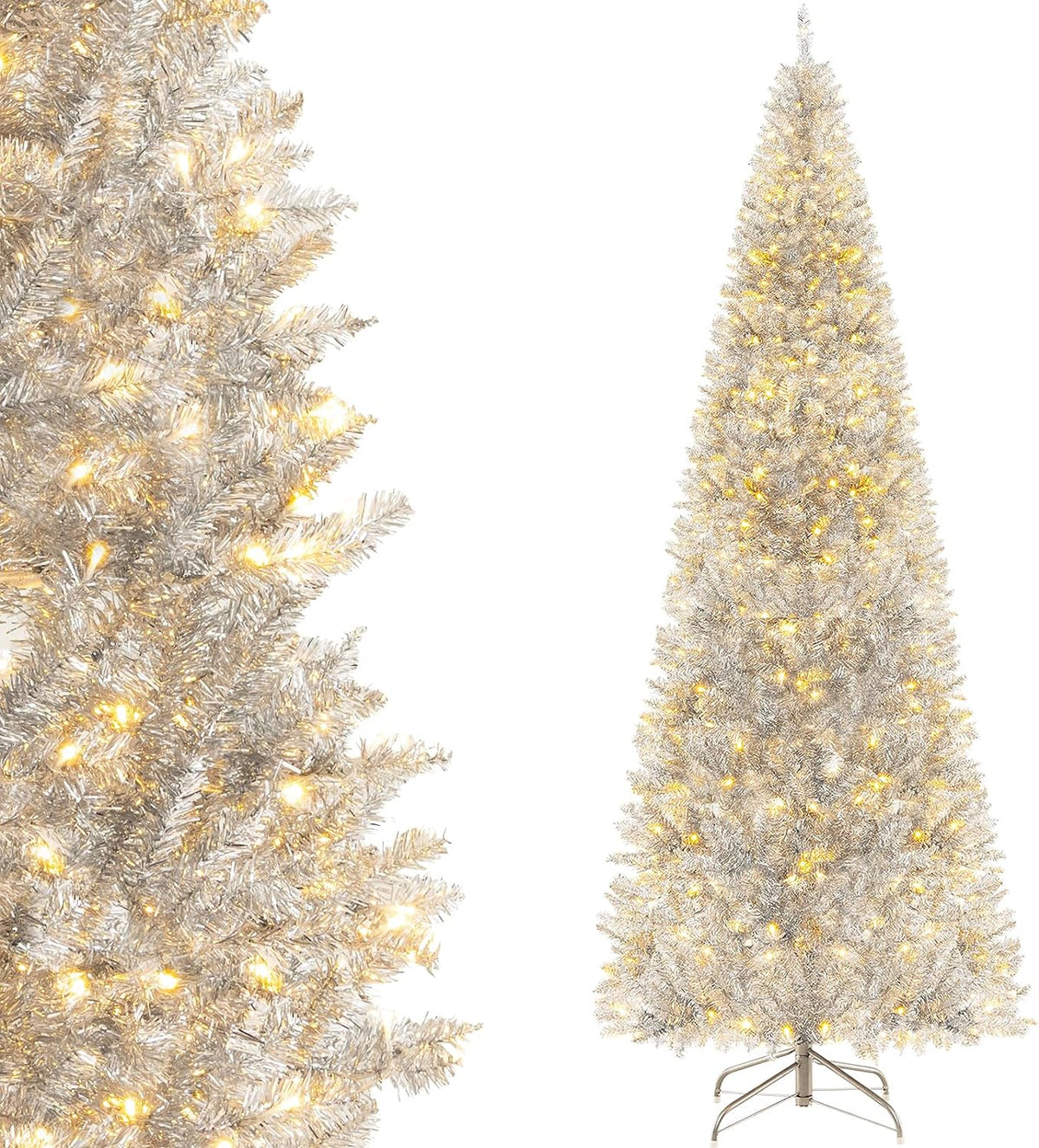 Lucktree 6ft Pre-lit Silver Pencil Christmas Tree, Artificial Tinsel Electroplated Tree, Decor for Home