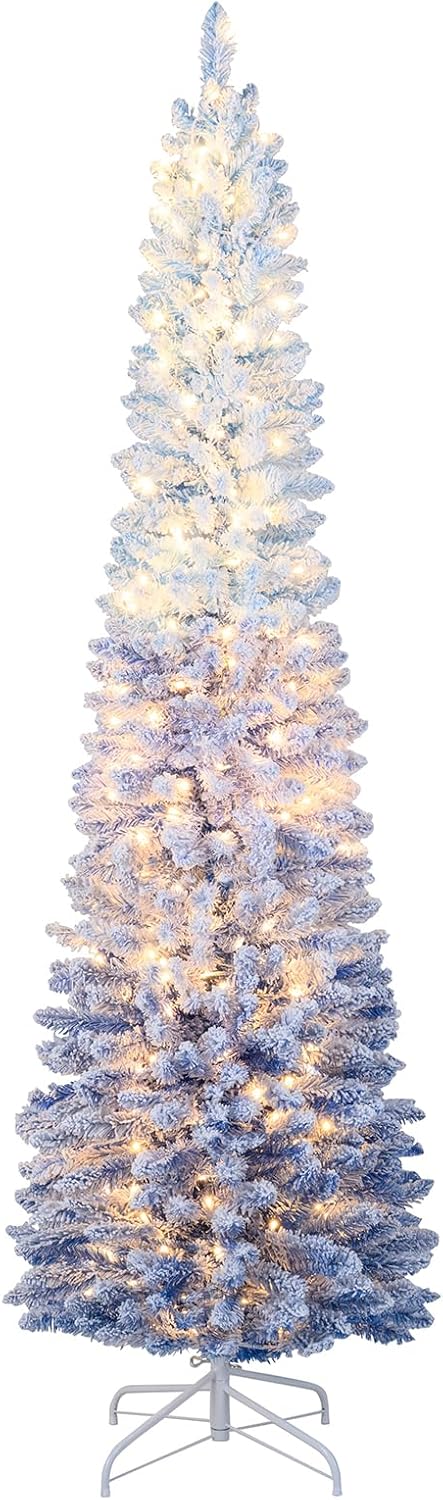 Lucktree 6FT / 7FT Blue Gradient Snow Flocked Christmas Tree with Warm White LED Lights