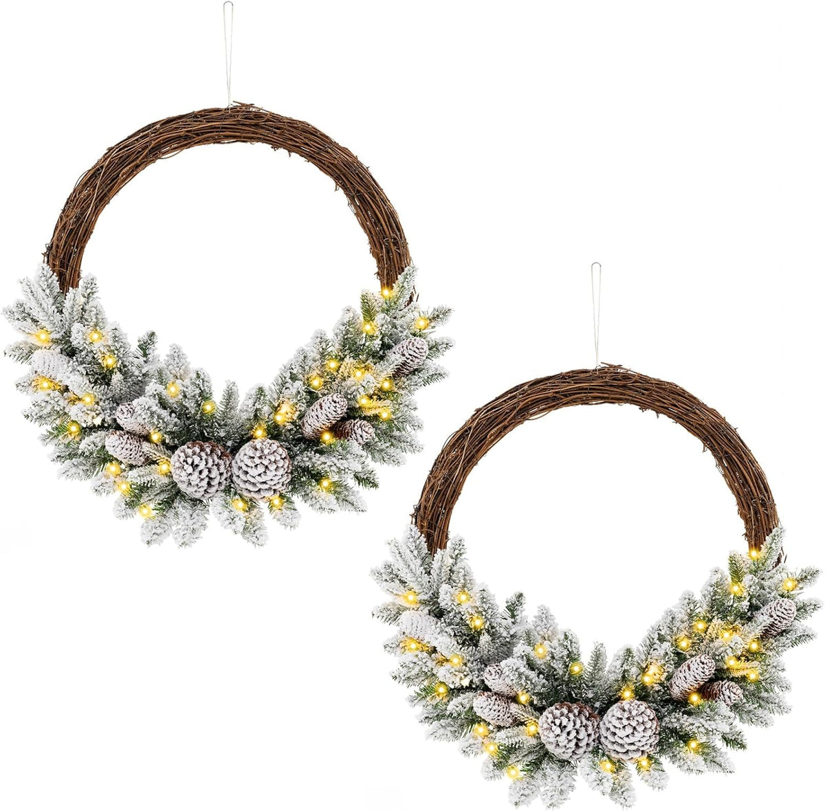 Lucktree 24” Pre-Lit Artificial Christmas Wreath, Snow Flocked Xmas Wreath with 35 Battery Operated Warm White LED Lights