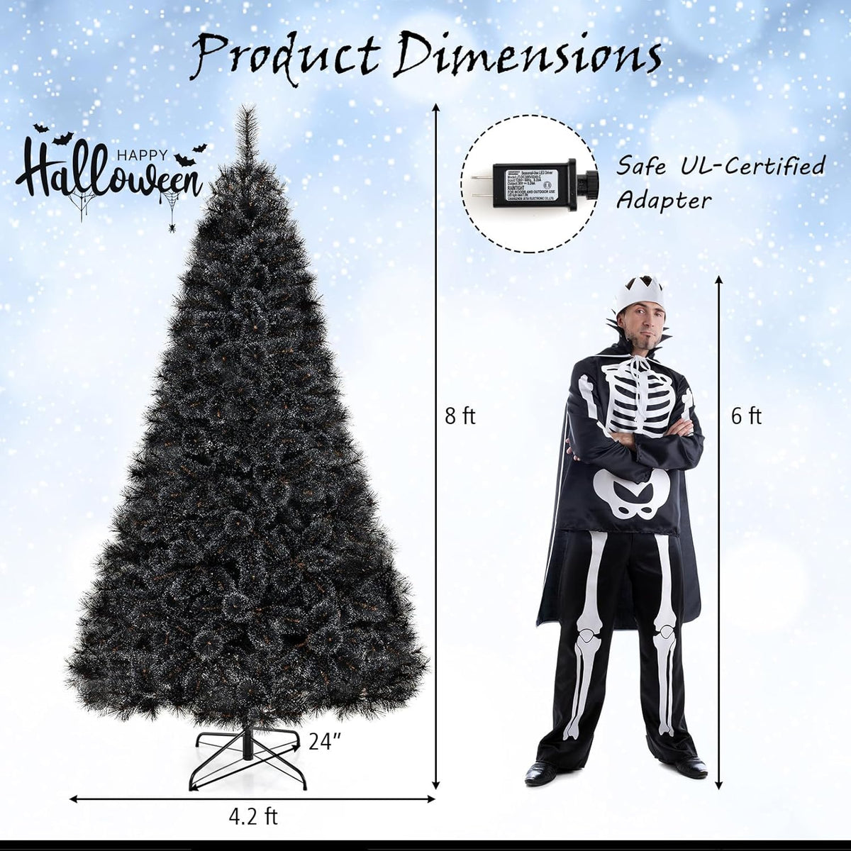 Lucktree 6/7/8 ft Pre-Lit Black Halloween Christmas Tree, Artificial Hinged Xmas Full Tree with 362/572/860 Pine Needles & PVC Branch Tips