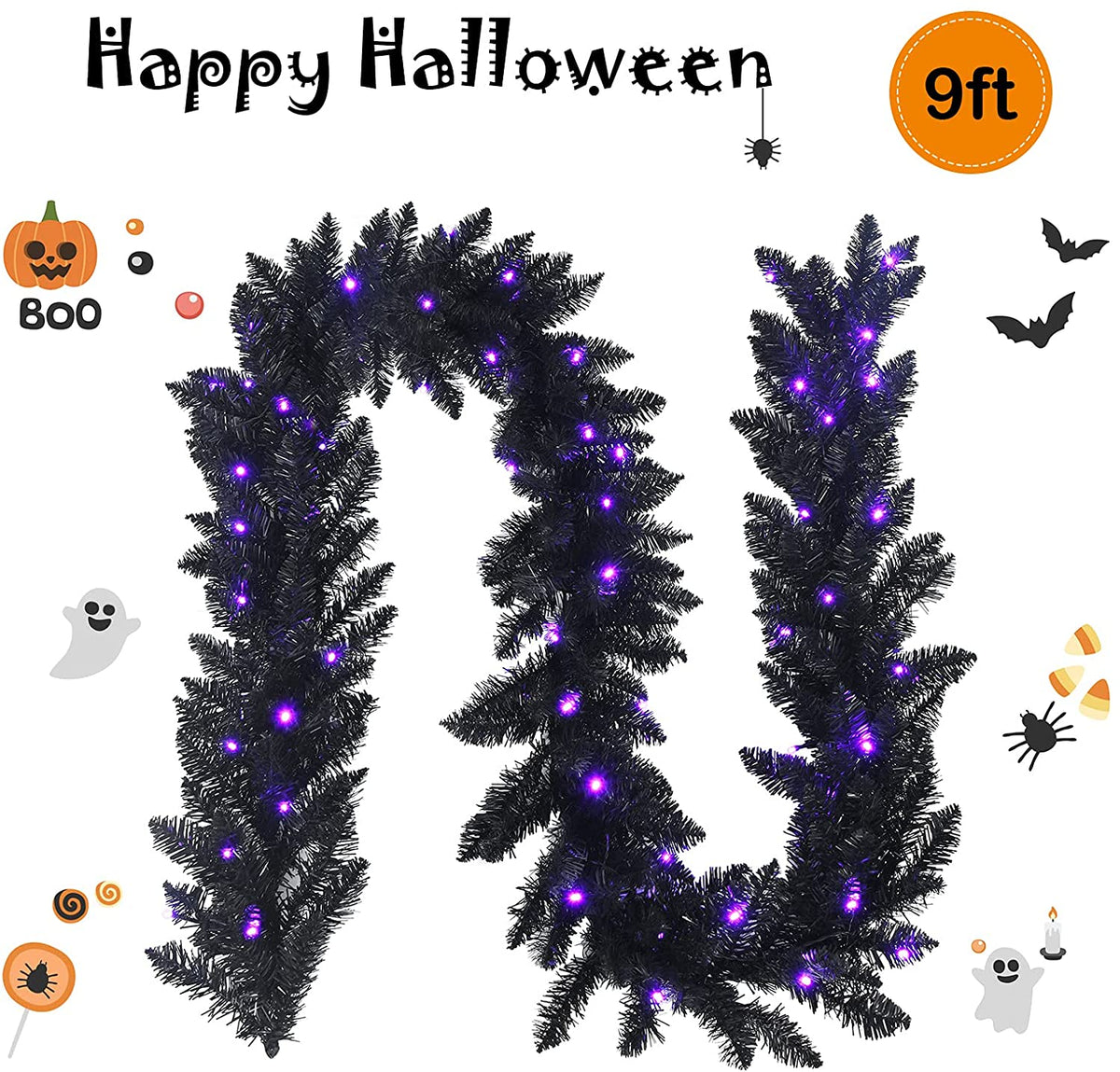 9FT Black Halloween Garland with Lights - LucktreeUS