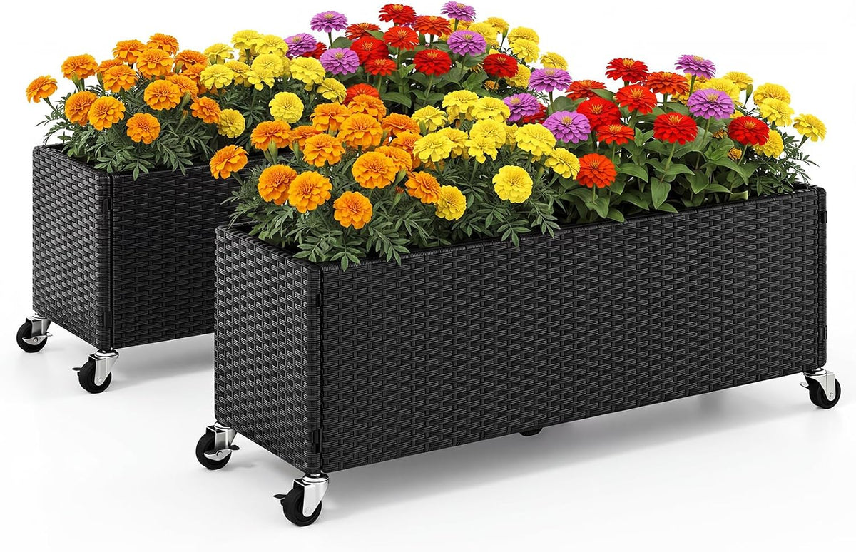 Lucktree 38"x12"x14" Wicker Raised Garden Bed w/Wheels (1/2)
