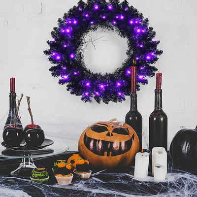 24' Black Halloween Wreath, Pre-lit Artificial Christmas Wreath - LucktreeUS
