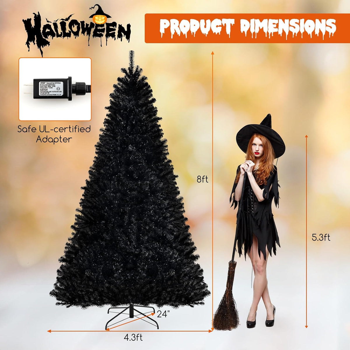 Lucktree 6/7/8 FT Pre-Lit Black Halloween Tree, Artificial Hinged Christmas Tree with 280/380/500 Orange & Purple LED Lights