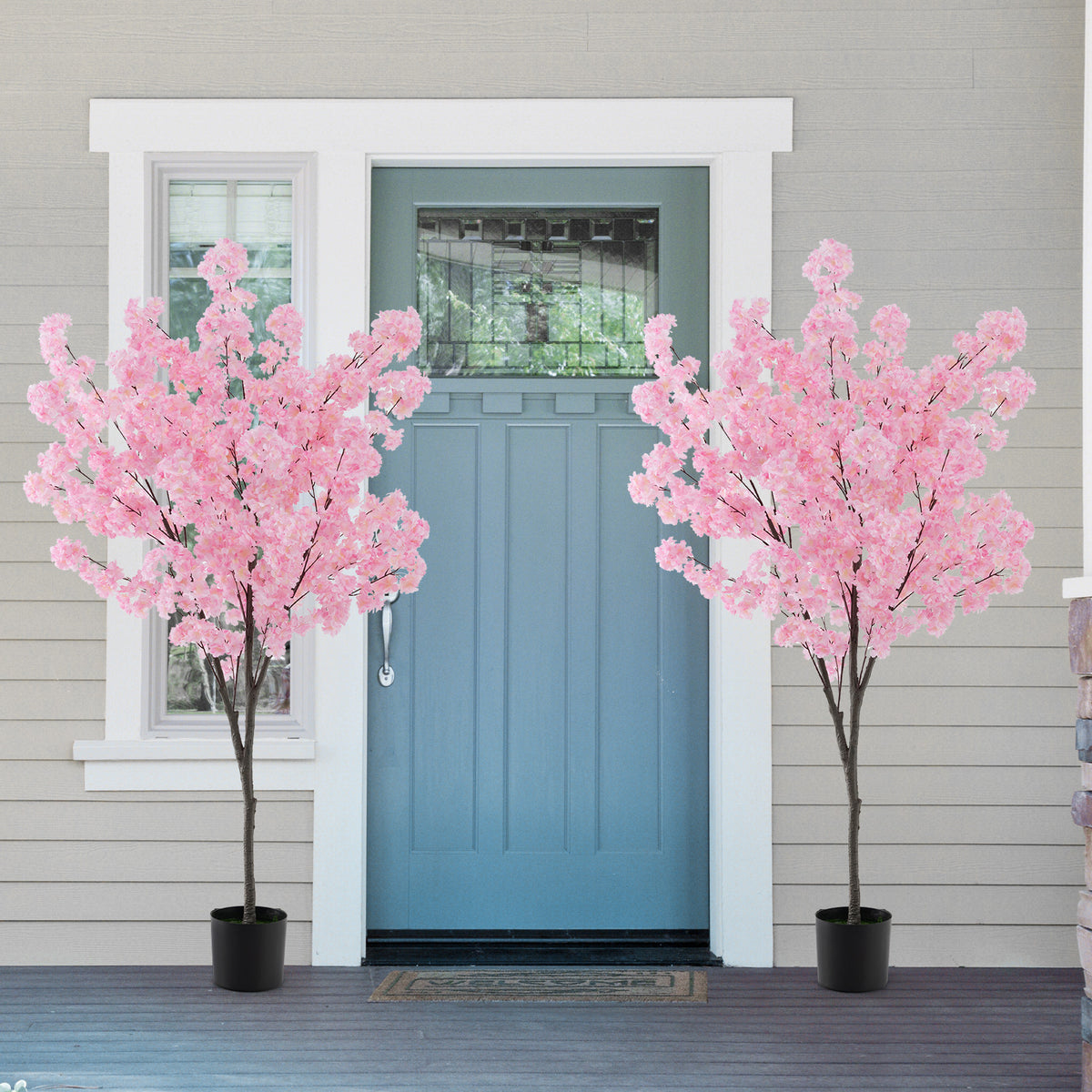 6.5FT Artificial Cherry Blossom Tree, Faux Pink Cherry Plant with Sturdy PE Trunk & Cement-Filled Nursery Pot