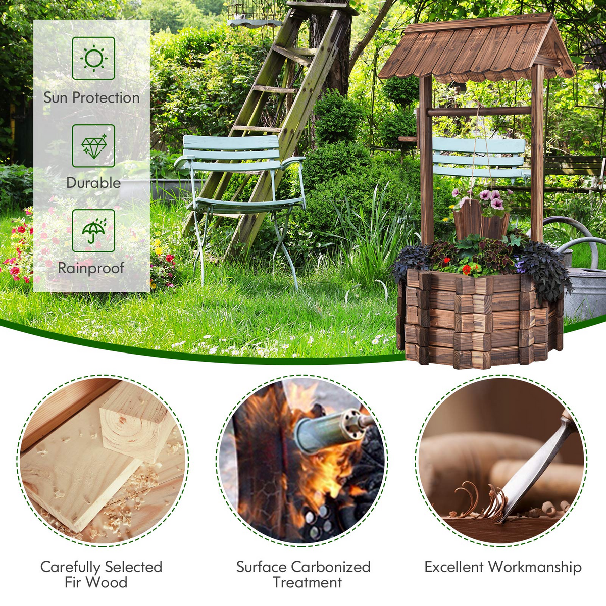 Lucktree Outdoor Wooden Wishing Well with Hanging Bucket