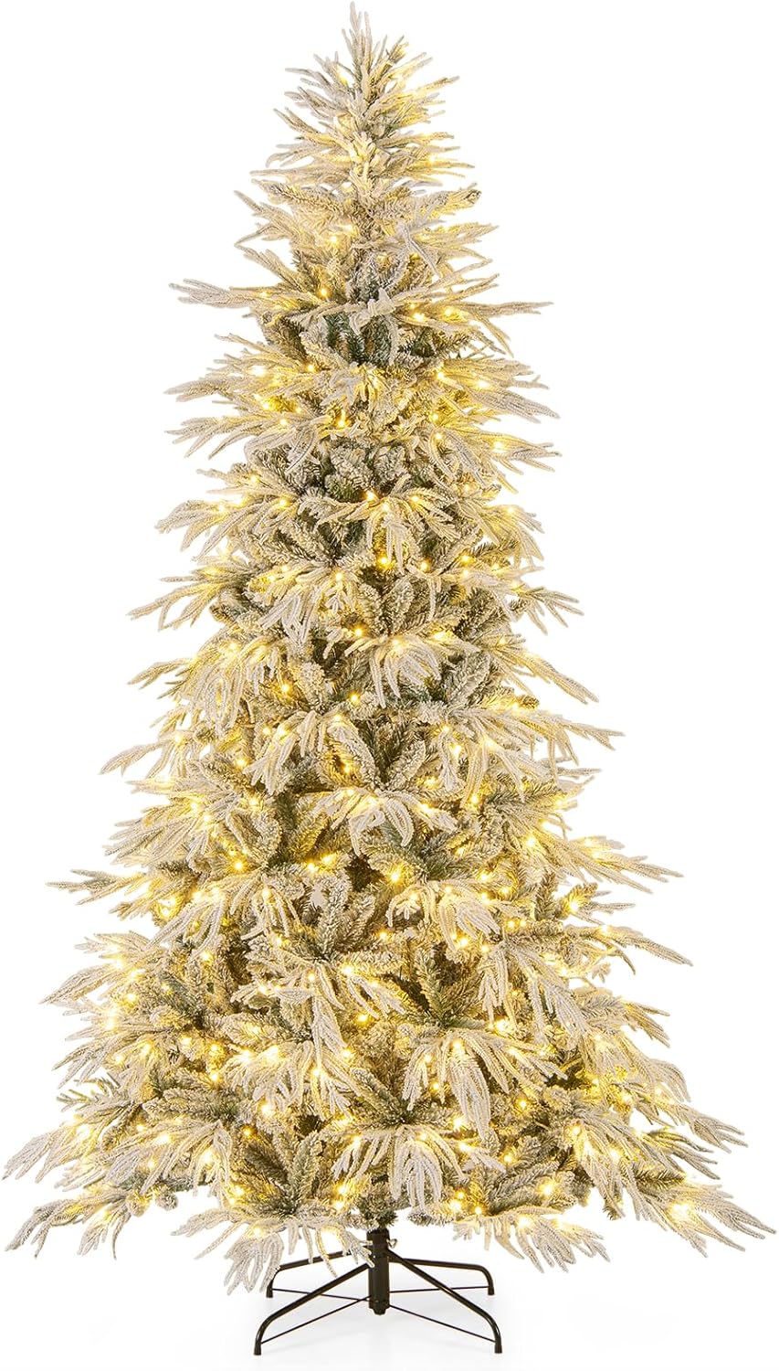 Lucktree 6FT / 7FT / 8FT Pre-Lit Snow Flocked Christmas Tree with PE & PVC Mixed Branch Tips