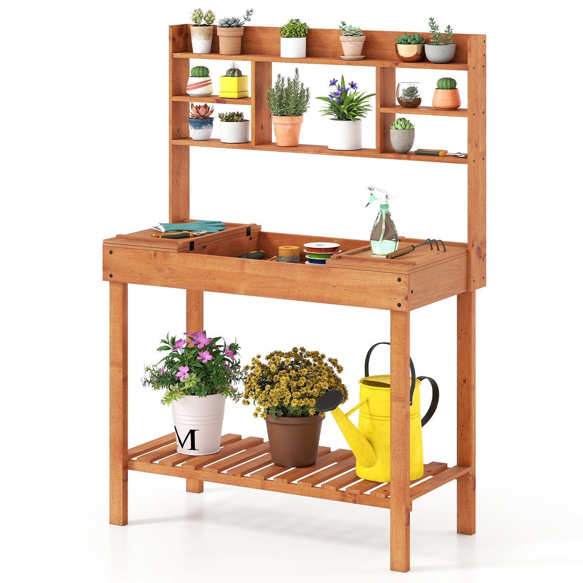 Lucktree Garden Potting Bench Table, Large Workbench Table with Shelves, 43.5"x19.5"x 60.5"