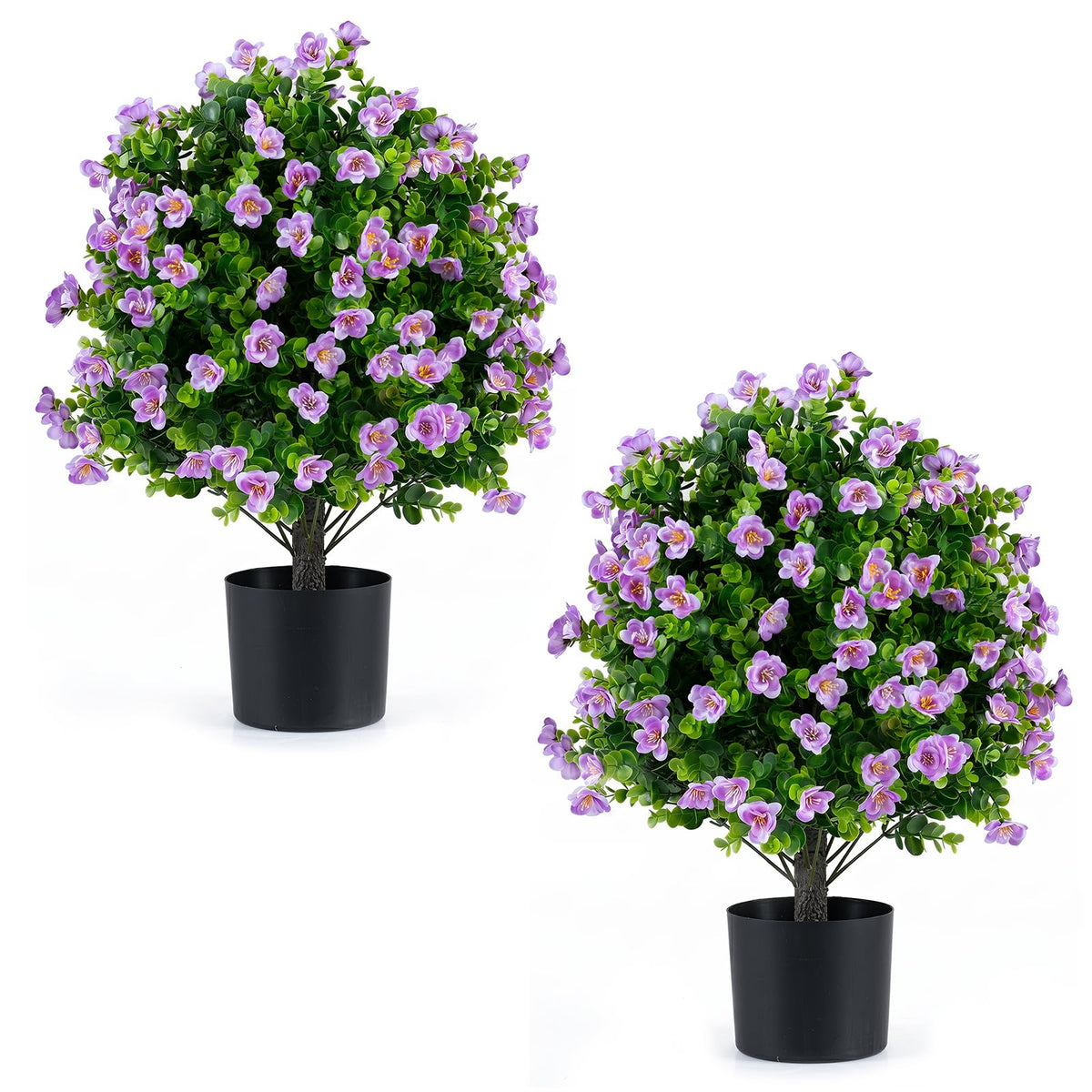 Lucktree 2 Pack Artificial Eucalyptus Topiary Ball Trees w/Flowers & Cement Filled Planter