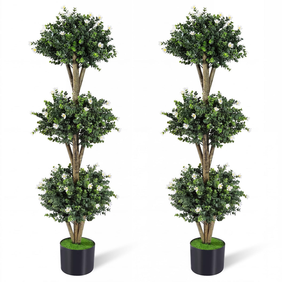Lucktree 51" Artificial Triple Ball Boxwood Topiary Tree with 59 Blossoms & Cement-Filled Plastic Pot