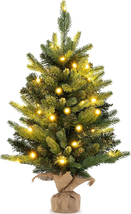 2FT Pre-Lit Artificial Mini Christmas Tree, Small Tabletop Xmas Fir Tree with 234 Branch Tips