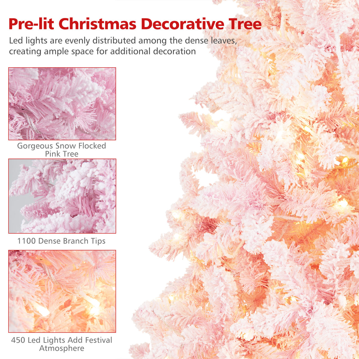 7.5 FT Pre-Lit Artificial Christmas Tree with Snow Flocked Pink Leaves