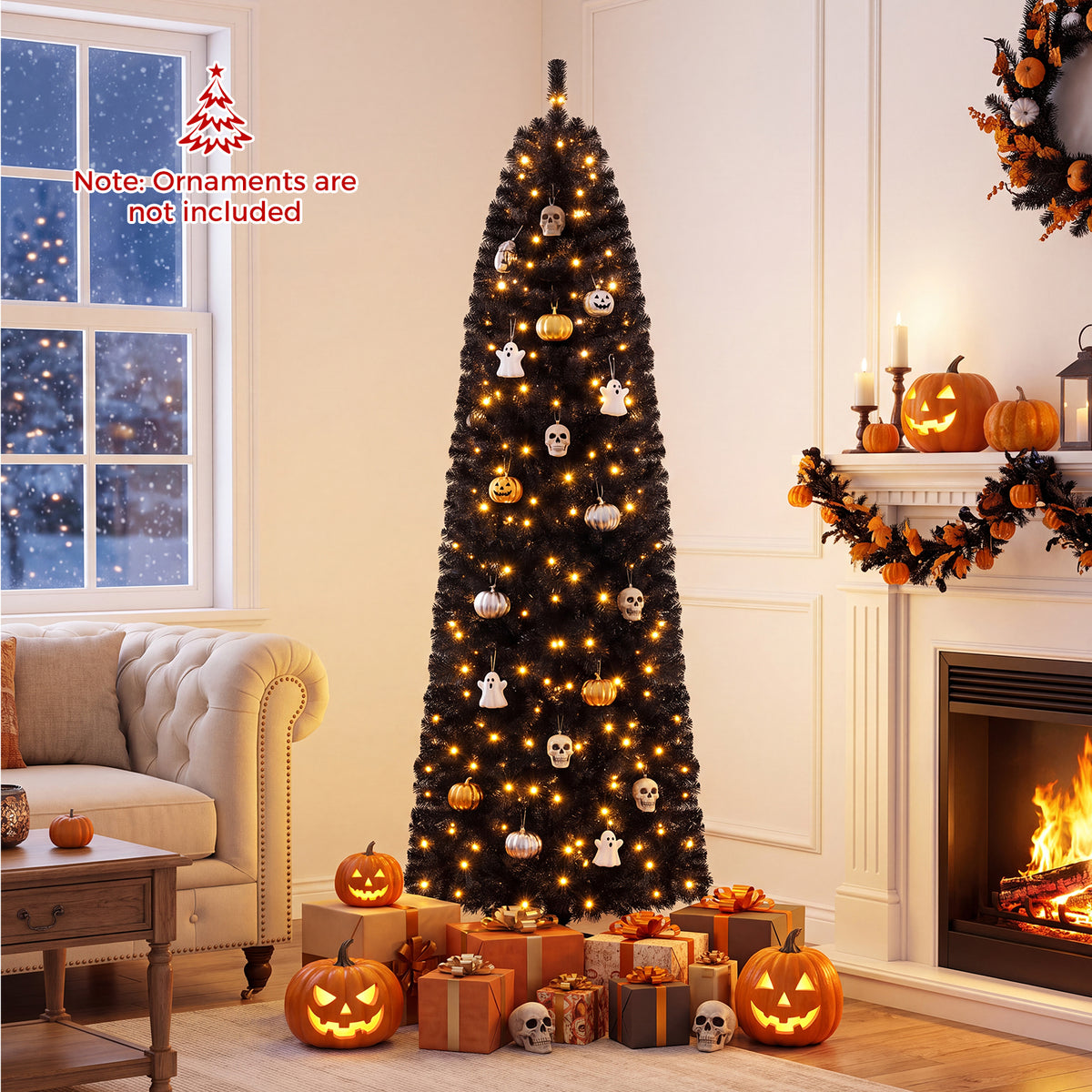 7/8 FT Pre-Lit Black Christmas Tree, Slim Artificial Halloween & Xmas Tree