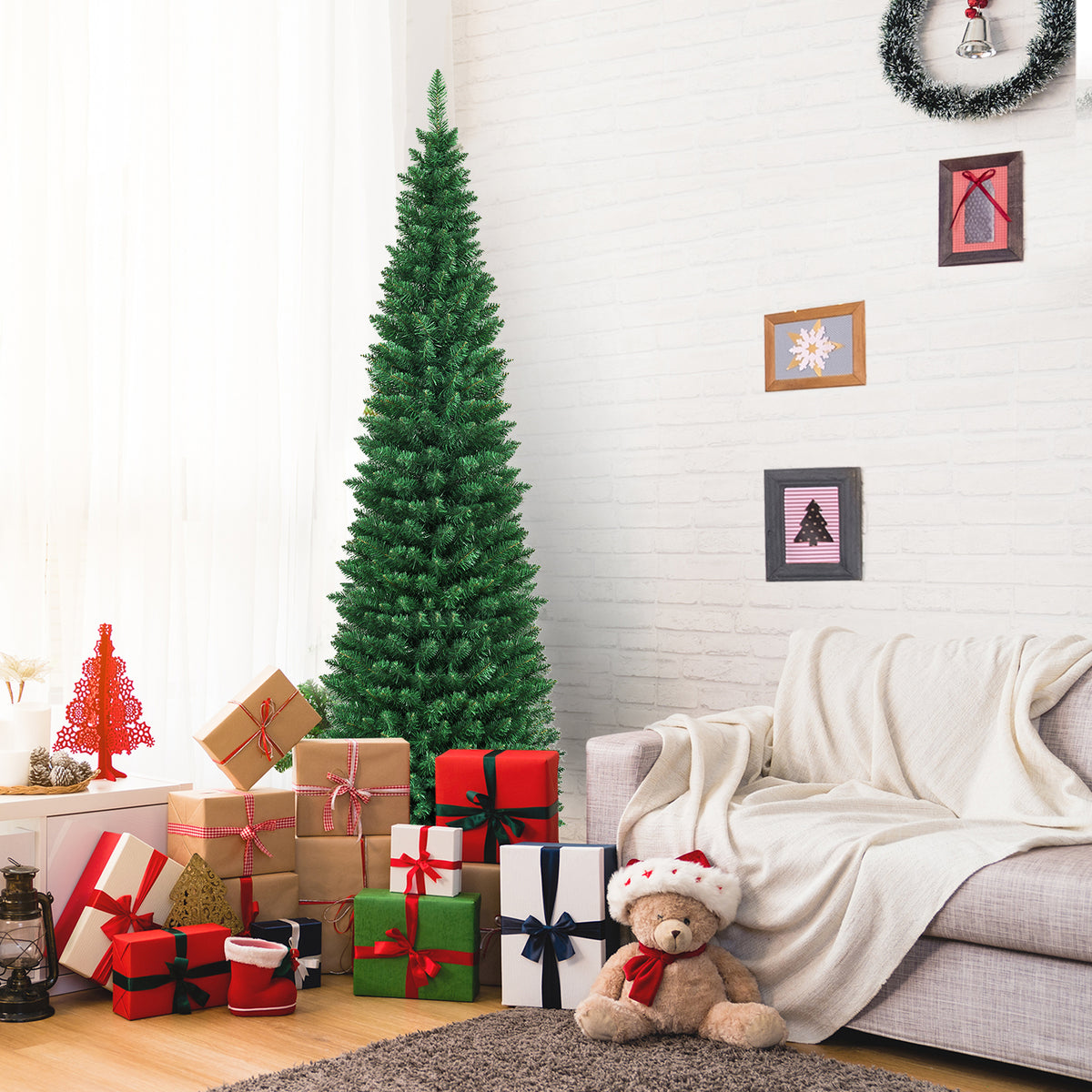 5/6/7/8/9 FT Slim Pencil Artificial Christmas Tree, Unlit Green Xmas Tree with Lush PVC Branch Tips