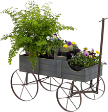 Vintage Wooden Planting Cart, Farmhouse Style Mobile Planter with Adjustable Pull Handle and 4 Wheels