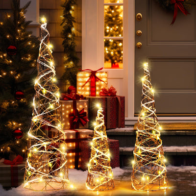 Lucktree Set of 3 Large Christmas Cone Trees, 32” 24” 16” Indoor Christmas Trees w/Warm White LED Lights