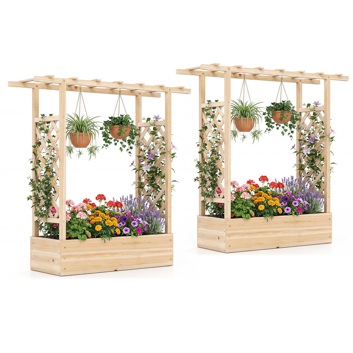Lucktree Wooden Raised Garden Bed with Trellis & Hanging Roof