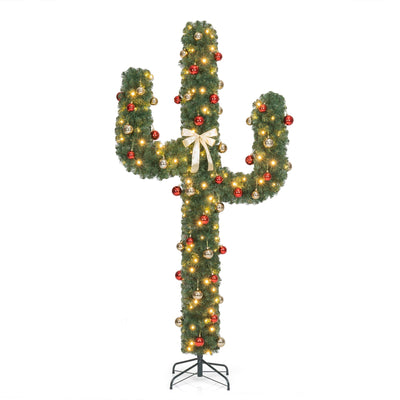 6ft Pre-Lit Artificial Cactus Christmas Tree with Sturdy Metal Stand, Artificial Xmas Tree with 90 LED Lights and Bowknot, Perfect for Home, Office, Shops and Hotels