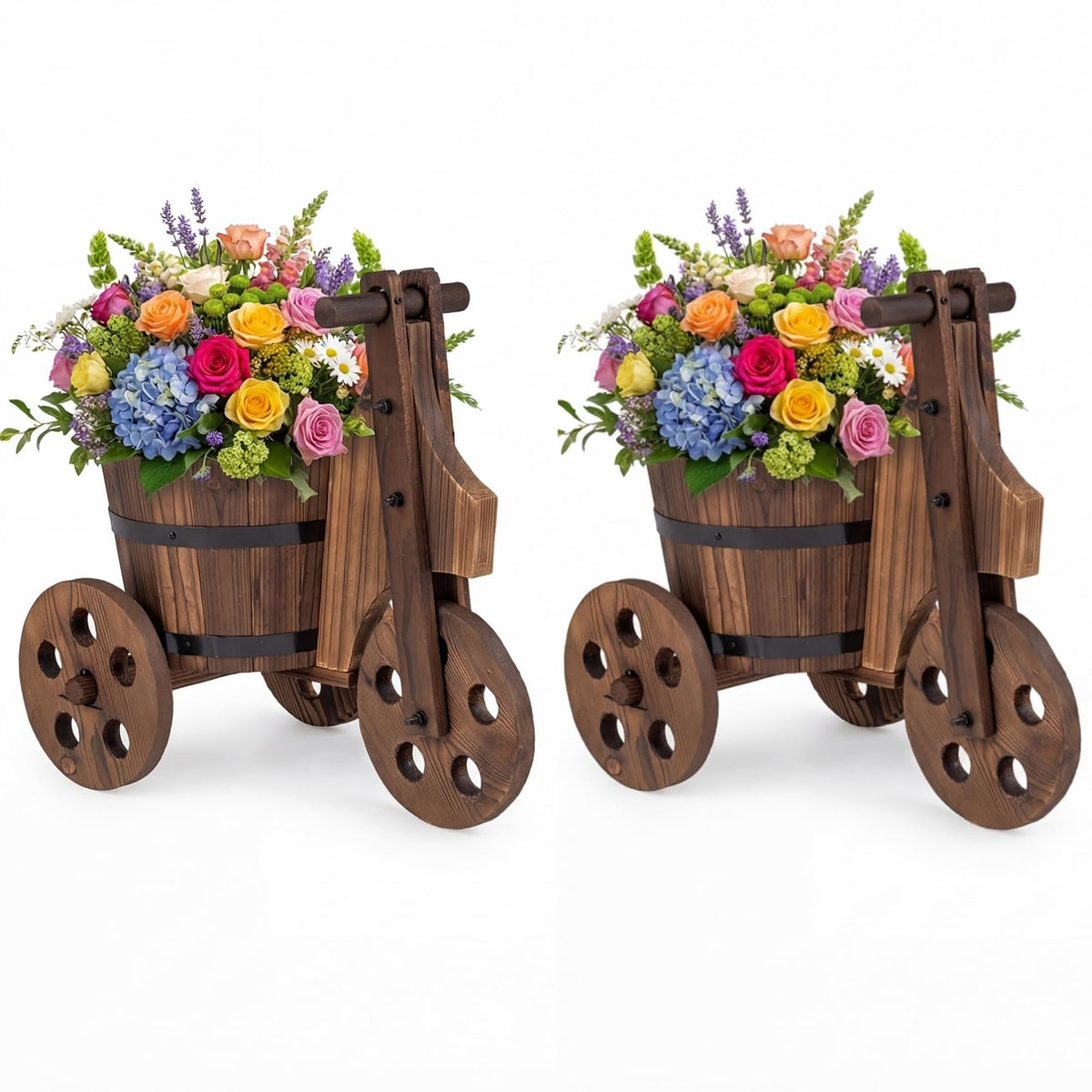 Lucktree Wooden Wagon Planter with Wheels Rustic Wood Plant Stand(Solid Wheel)