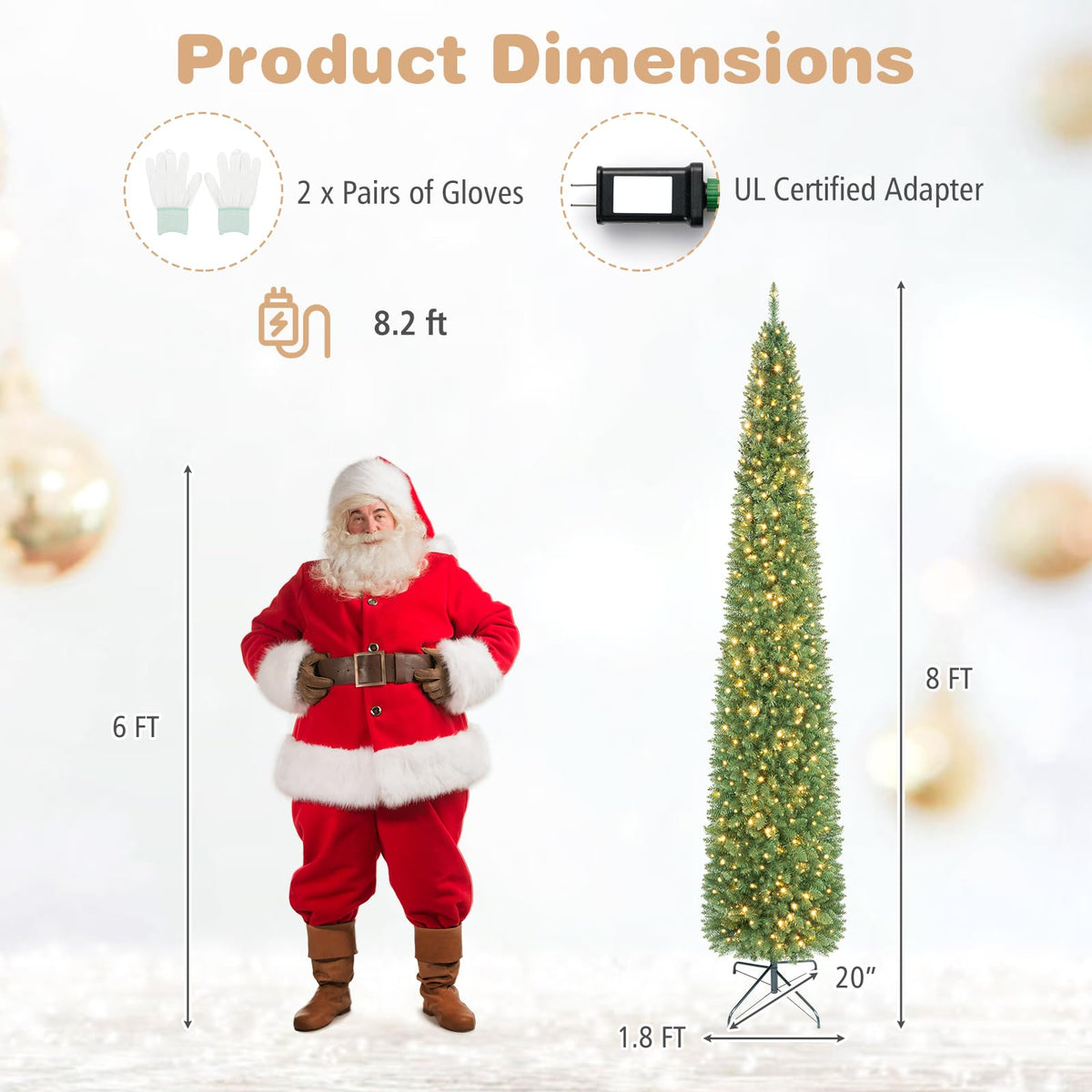 5ft/6ft/7ft/8ft/9ft/ Pre-Lit Pencil Christmas Tree, Slim Artificial Xmas Tree
