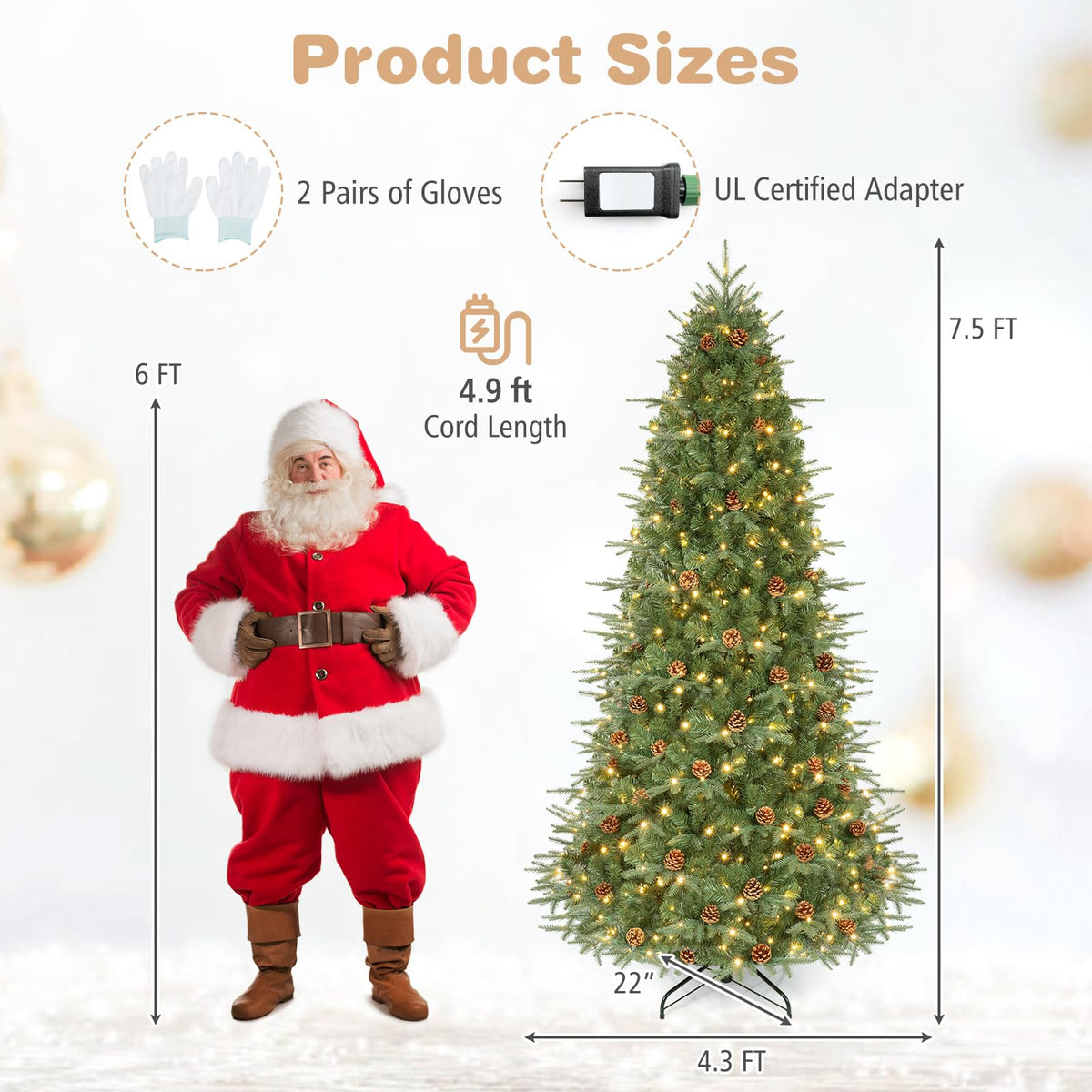 7/7.5/8 ft Pre-Lit Christmas Tree, 925 Hinged Tips with Pine Cones