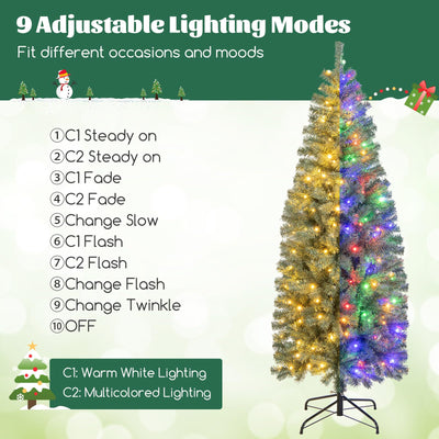 Lucktree 6.5ft Pre-Lit Blue Slim Pencil Christmas Tree with 200 Warm White & Multicolored LED Lights, 9 Modes, 556 Branch Tips