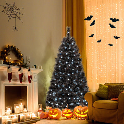 Lucktree 6/7/8 ft Pre-Lit Black Halloween Christmas Tree, Artificial Hinged Xmas Full Tree with 362/572/860 Pine Needles & PVC Branch Tips