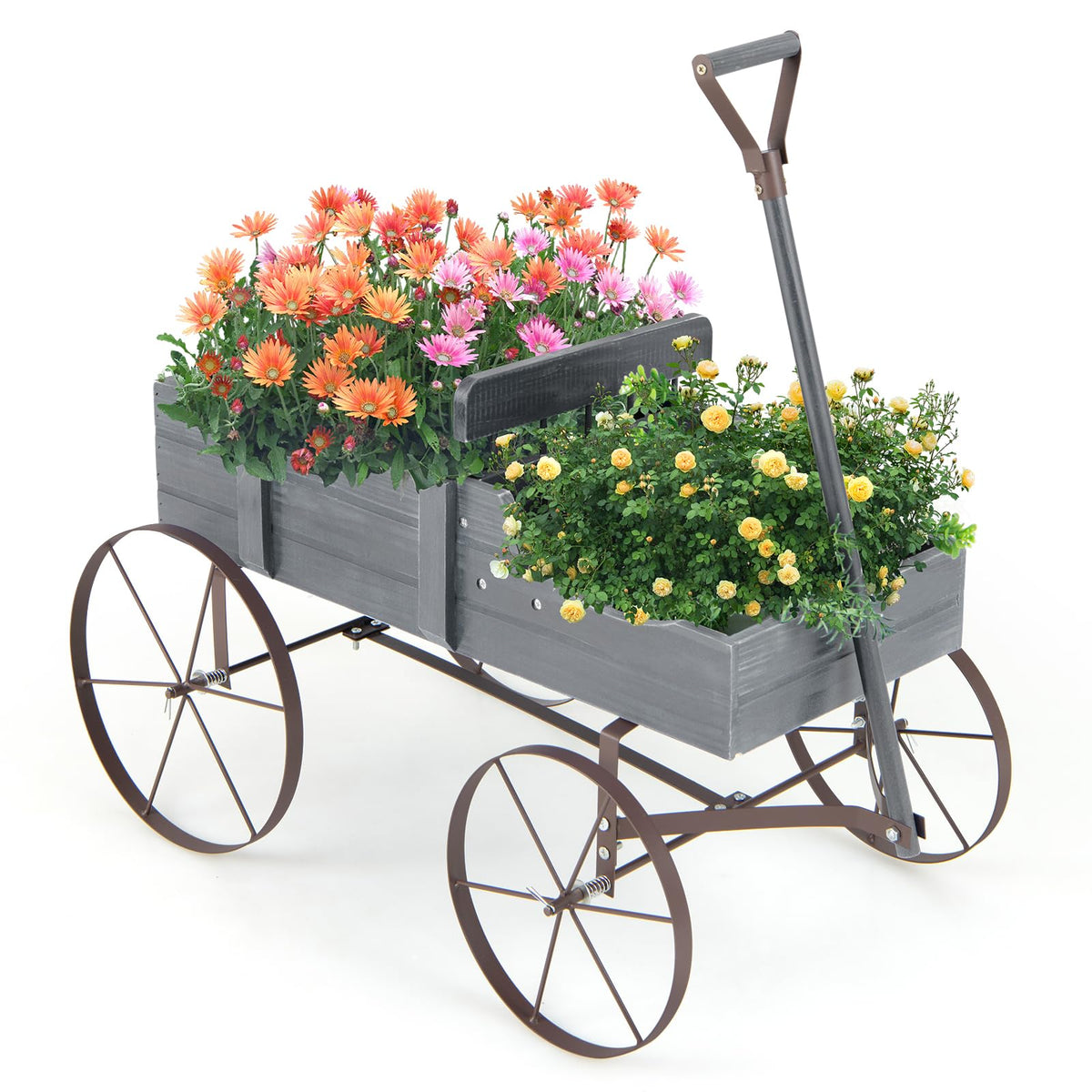 Lucktree Decorative Garden Planter, Small Wagon Cart with Metal Wheels, Wood Raised Beds Plant Pot Stand for Backyard Garden Patio 24.5"x13.5"x24"