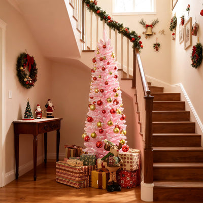 Lucktree 5ft / 6ft Pink Slim Pencil Christmas Tree | Snow Flocked Skinny Xmas Full Tree
