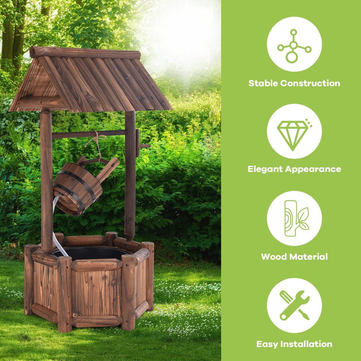 Lucktree Wishing Well Water Fountain Rustic Wooden Outdoor Garden Decorative Fountain Backyard w/ Electric Pump
