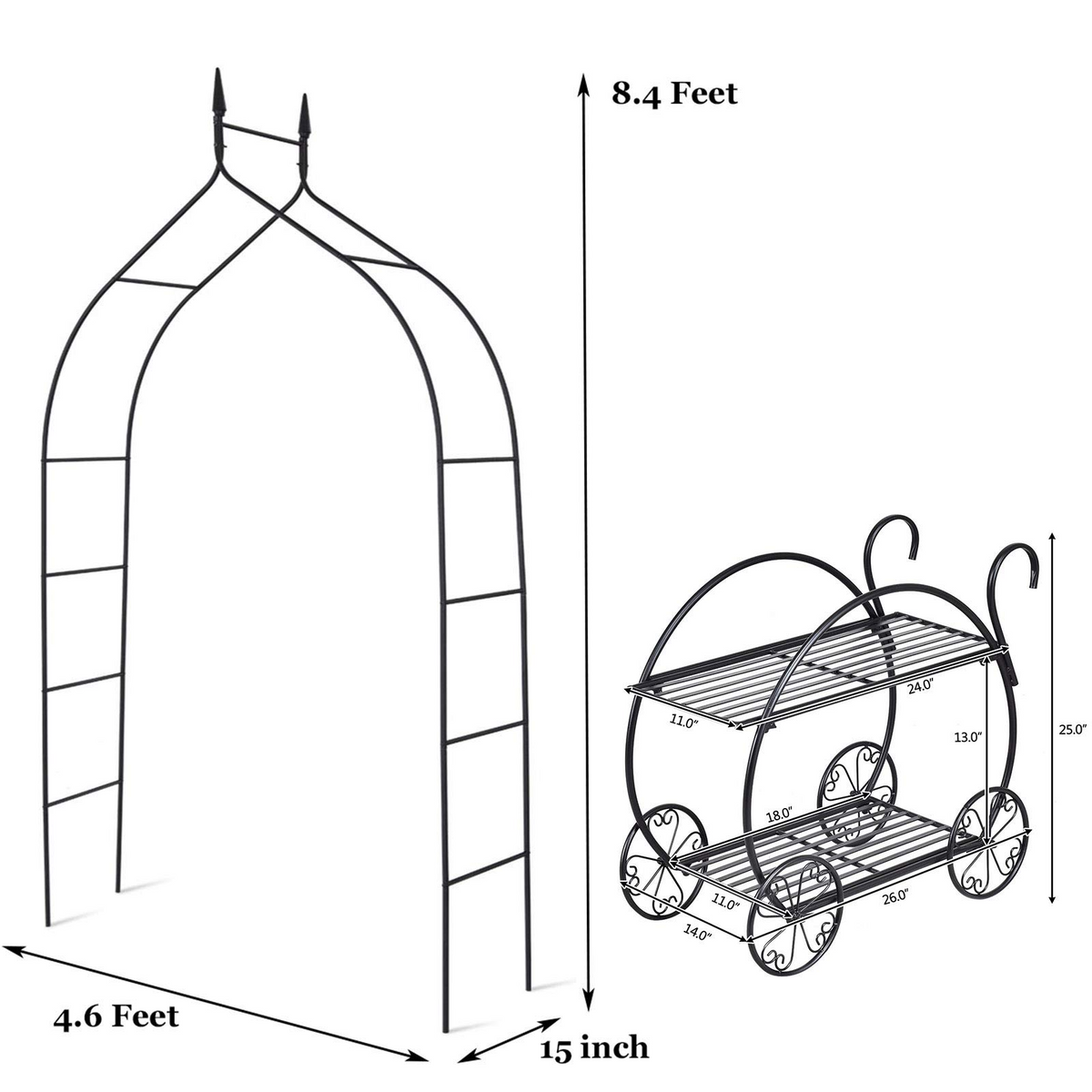 Lucktree Metal Garden Arbor and Cart Plant Stand