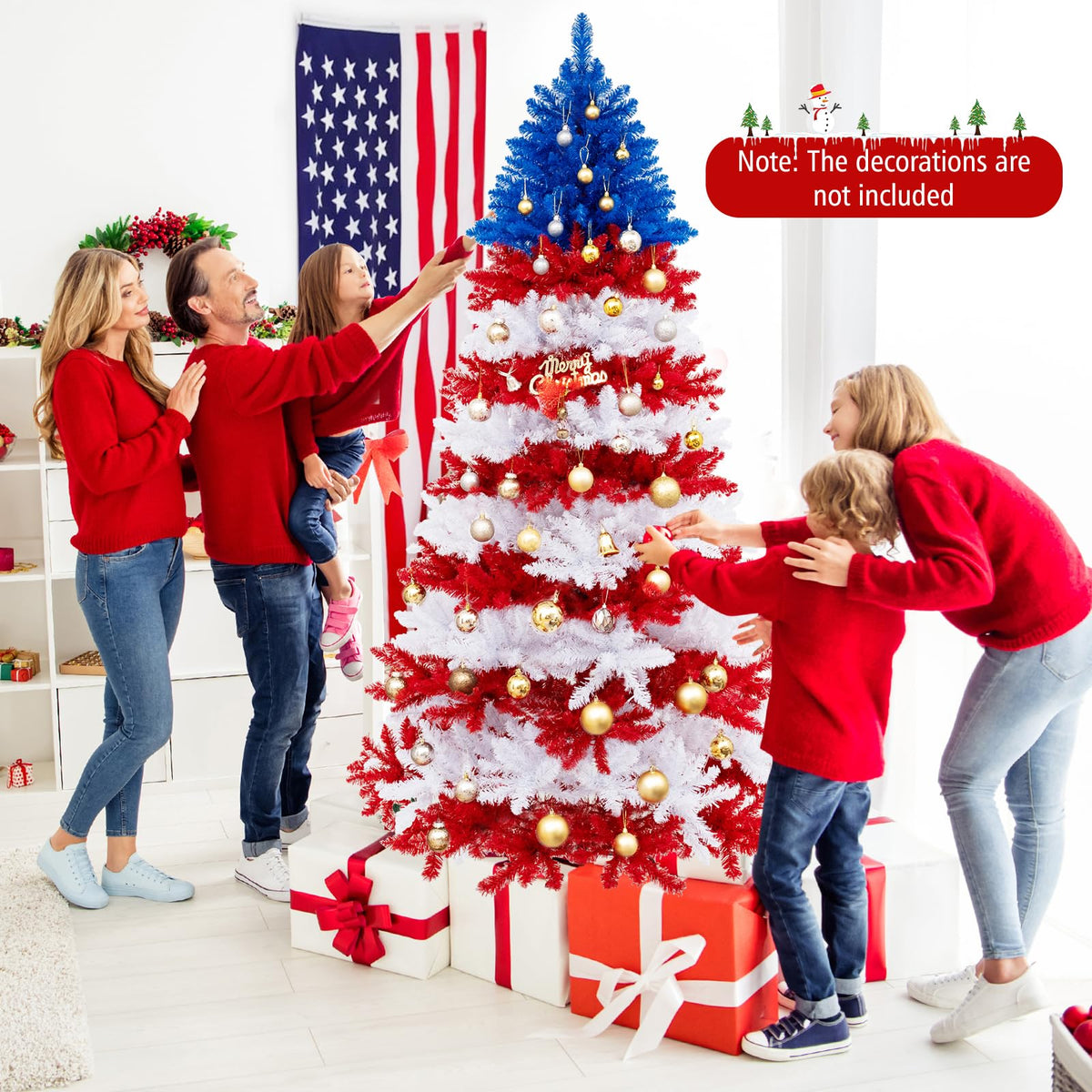 Lucktree 7.5 FT Pre-Lit Patriotic Artificial Christmas Tree, Flag-Themed Hinged Xmas Tree with 480 Warm White LED Lights