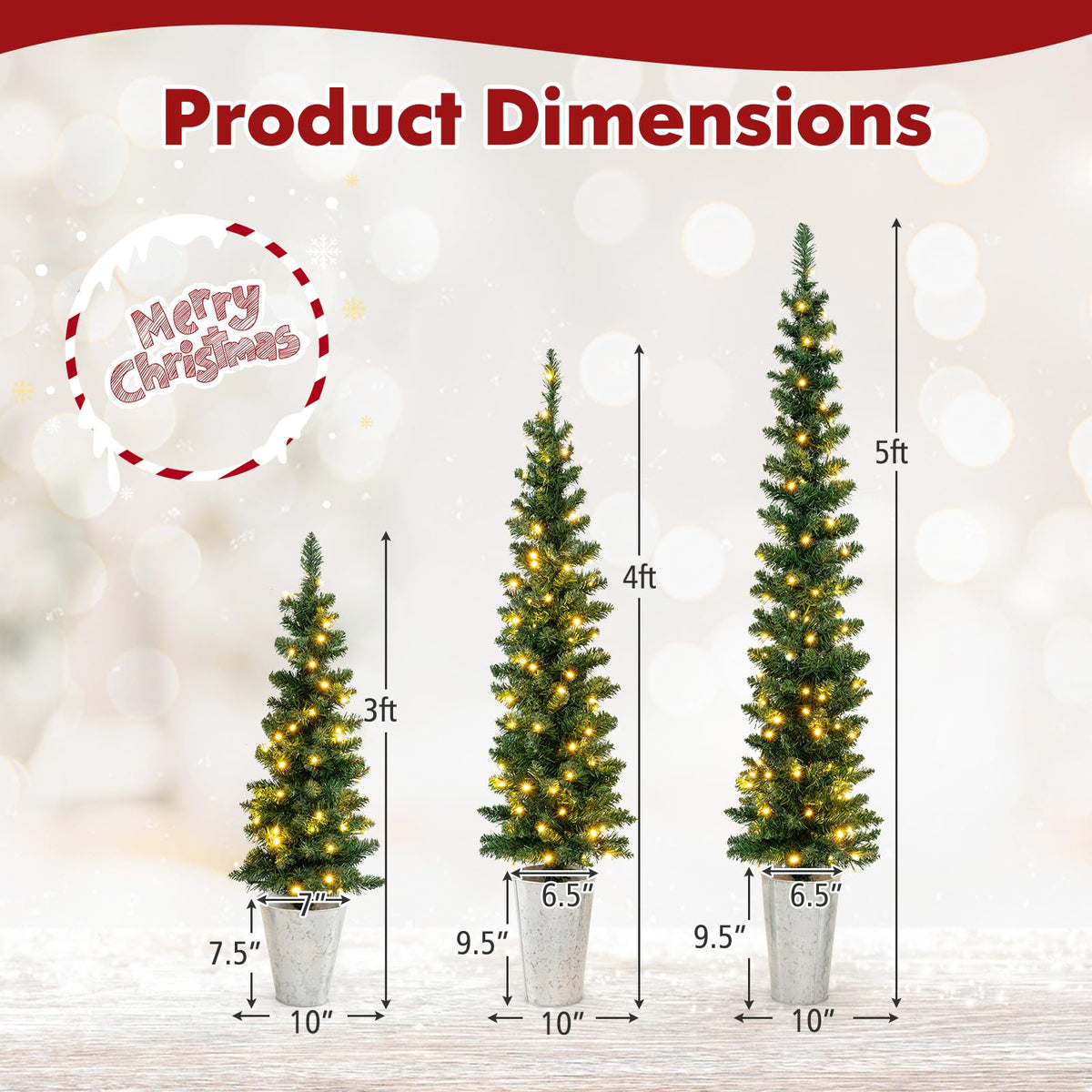 Lucktree 3' 4' 5' Pre-Lit Artificial Christmas Tree Set of 3, Slim Pencil Potted Xmas Tree with 423 Branch Tips, 230 Warm White LED Lights