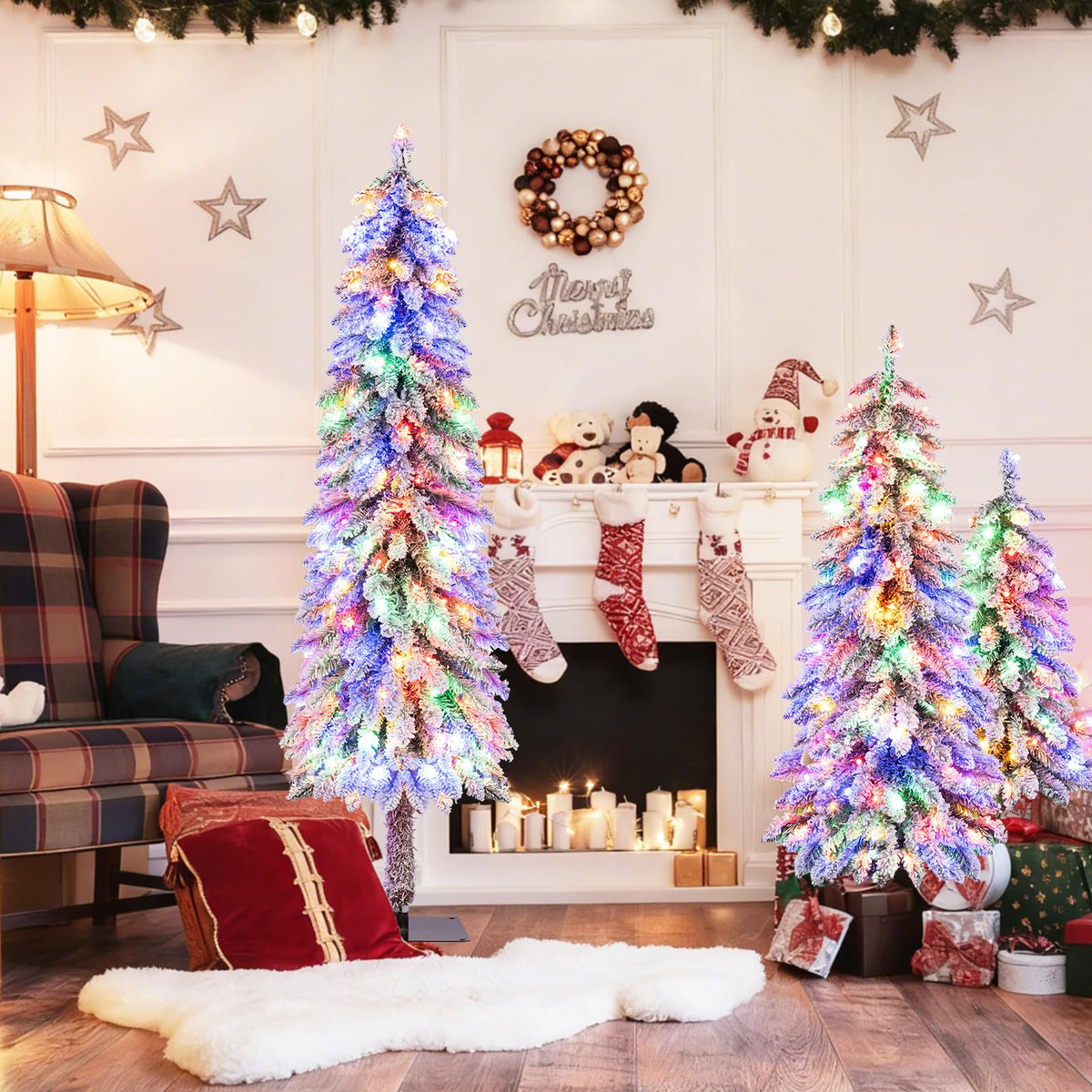 Lucktree 3' 4' 5' Pre-Lit Snow Flocked Christmas Tree Set of 3 with 300 Multicolored LED Lights