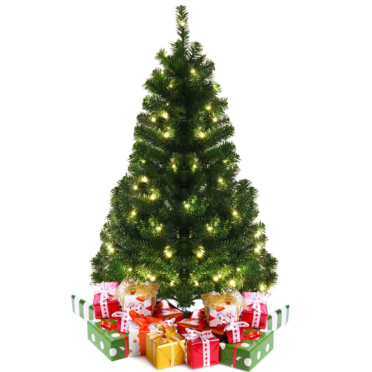 4ft Pre-Lit Christmas Tree, Artificial PVC Xmas Tree with 100 Warm White LED Lights and Stable Triangular Stand - LucktreeUS