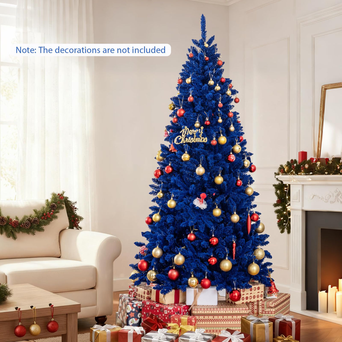 Lucktree 7 FT Pre-Lit Royal Blue Snow Flocked Christmas Tree with 340 LED Lights