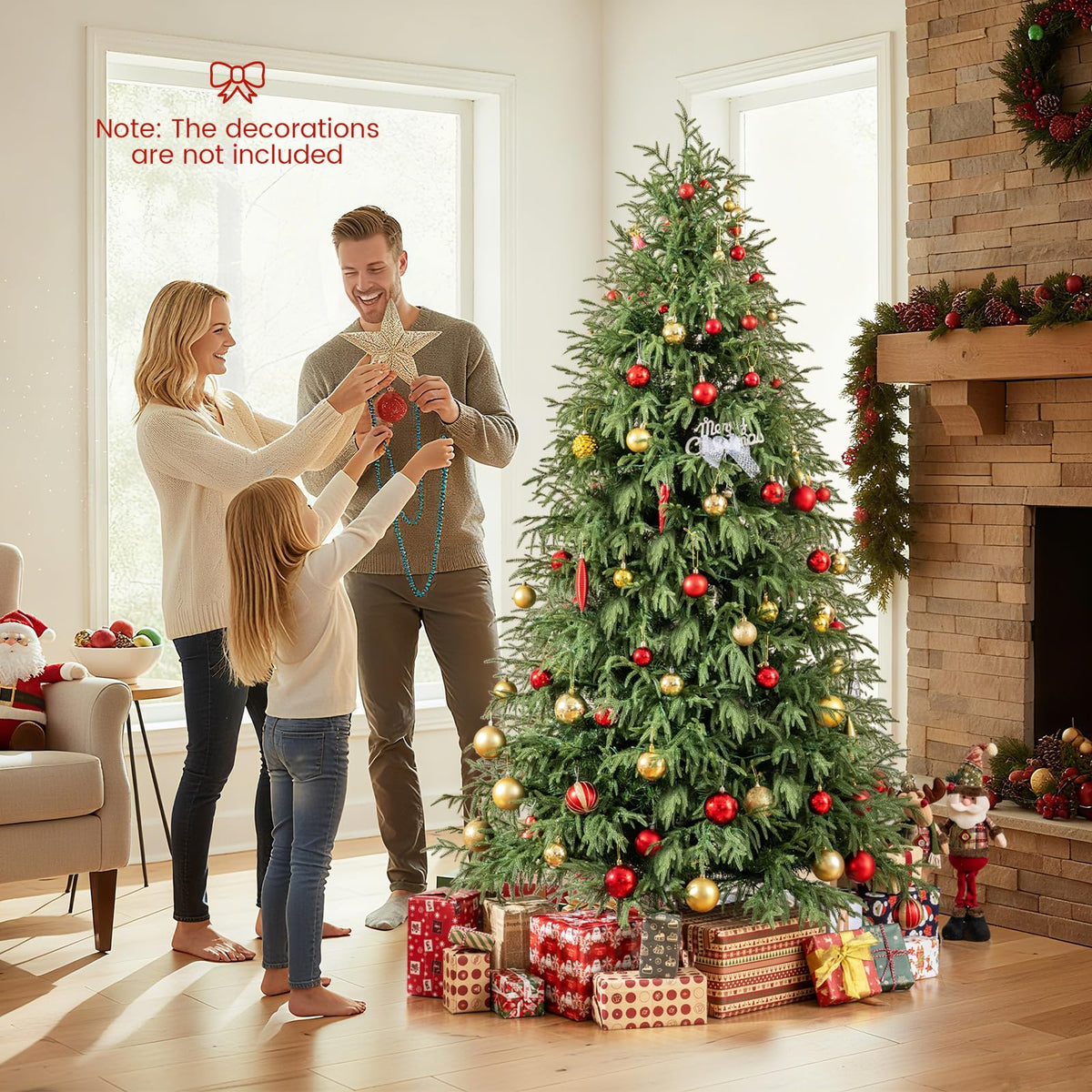 Lucktree 7 FT Pre-Lit Artificial Christmas Tree, Hinged Faux Xmas Tree with 1217 Soft TPE & PVC Mixed Branch Tips