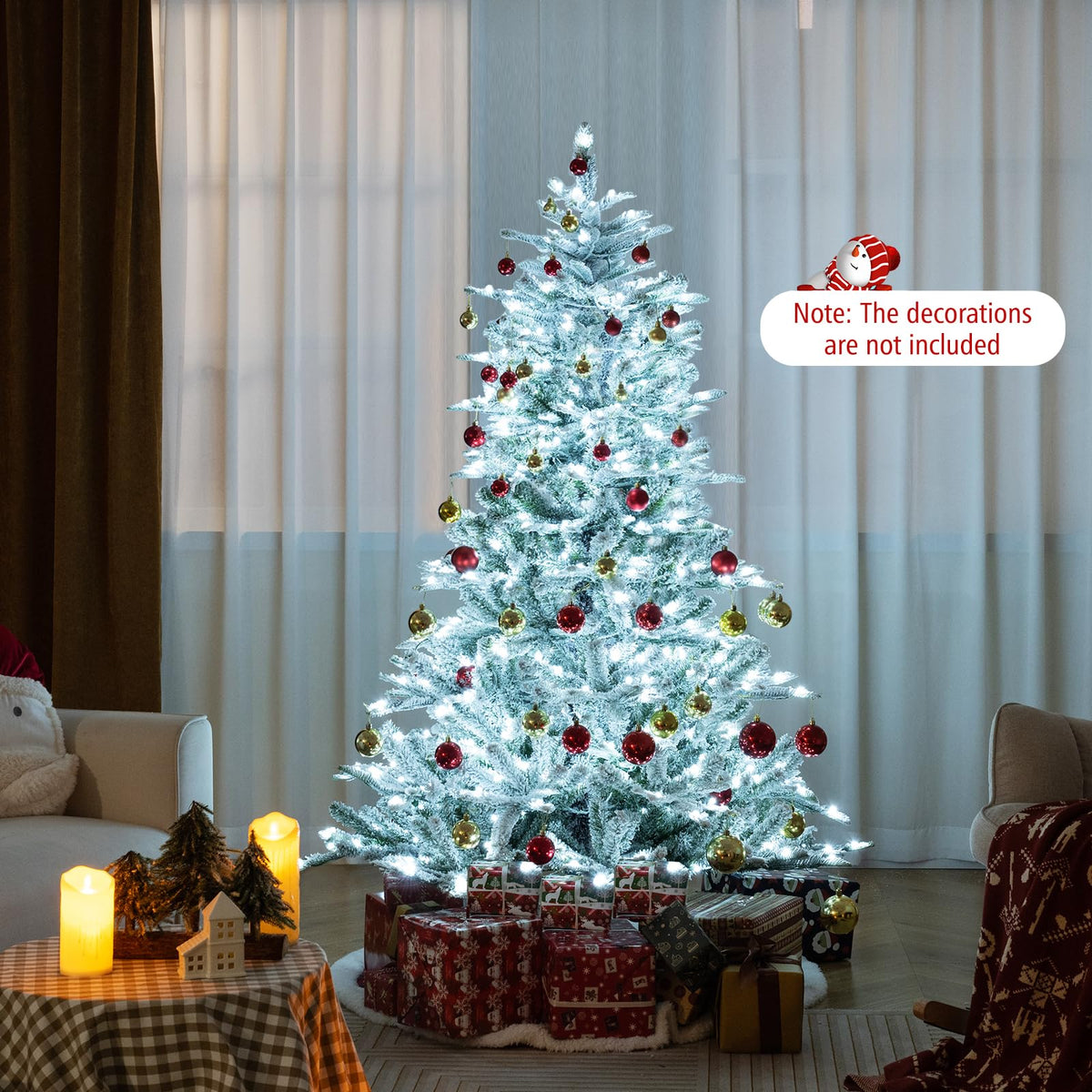 Lucktree 6/7/8 ft Pre-Lit Snow Flocked Christmas Tree, Artificial Hinged Xmas Tree with 661/1119/1447 PVC & PE Tips