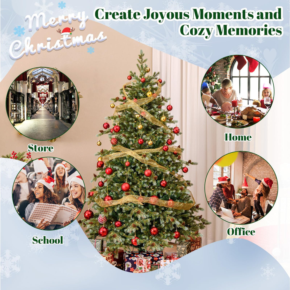Lucktree 6ft Pre-Lit Artificial Christmas Tree, Hinged Full Xmas Pine Tree with 240 Warm White LED Lights