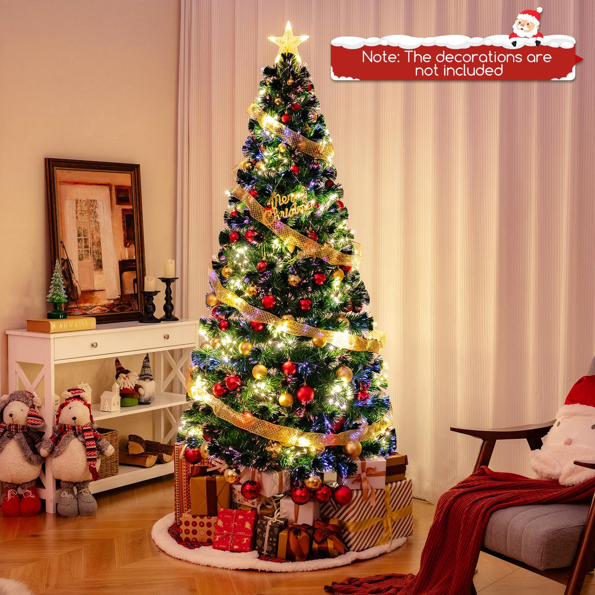 Lucktree 7ft Pre-Lit Fiber Optic Christmas Tree, Artificial Lighted Xmas Tree with 48 Warm-White Shape-Adjustable Star String Lights