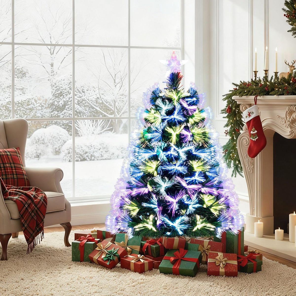 Lucktree 3 FT Pre-Lit Fiber Optic Christmas Tree with Slow-Flashing Multicolored Optical Fibers