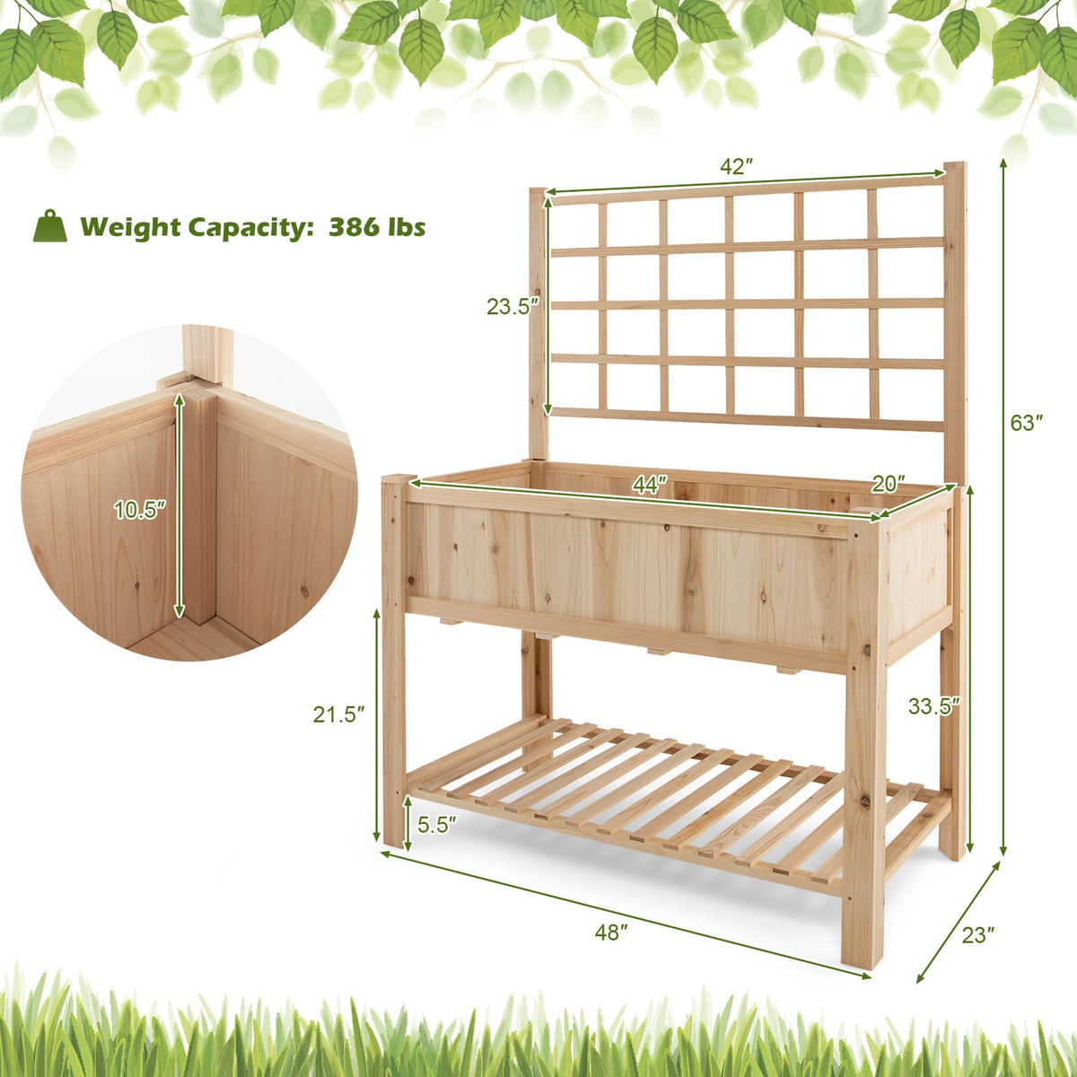 Lucktree Wood Planter with Trellis, Standing Raised Garden Bed