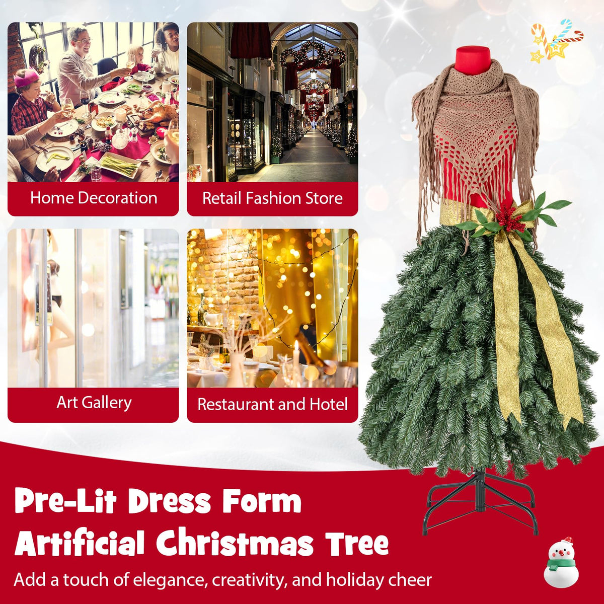 Lucktree 5ft Pre-Lit Dress Form Christmas Tree with Female Mannequin Torso & Scarf